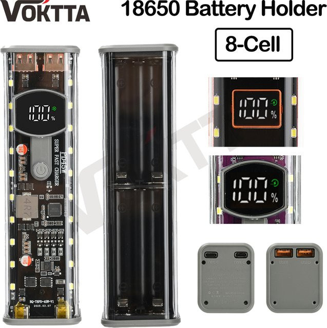 Voktta DIY Power Bank Gehäuse für 18650 Akkus mit Digital Display und USB Typ-C, Transparent Gelb, 45 W Schnellladefunktion - Bild 1