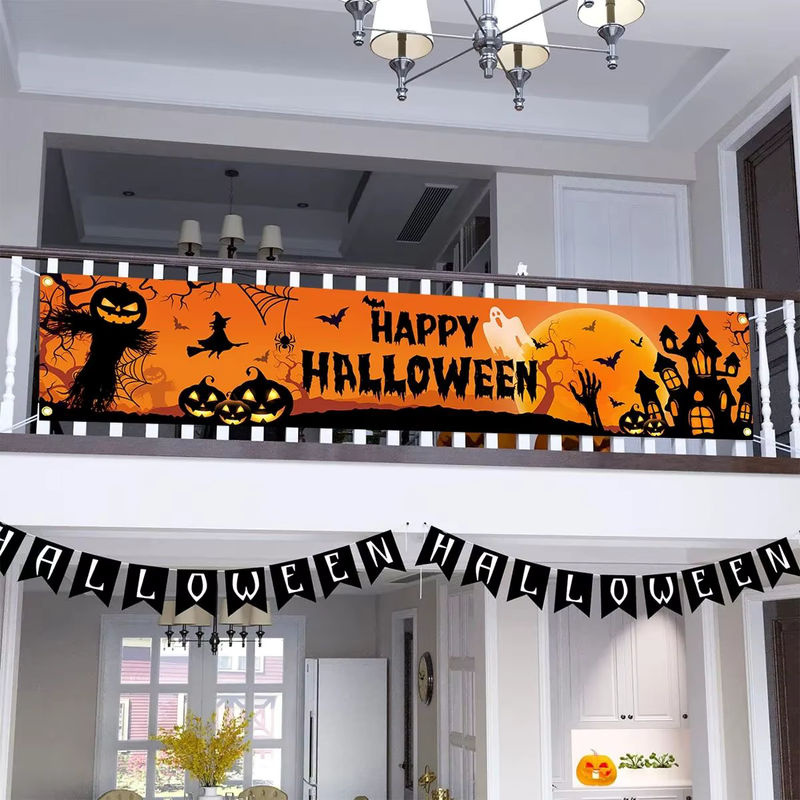 VIKAMA Halloween Outdoor Banner mit Kürbis- und Fledermaus-Muster in Orange, rechteckige Hängedekoration für Horror-Partys und Heimdekoration, B/H: 200 x 40 cm - Bild 4