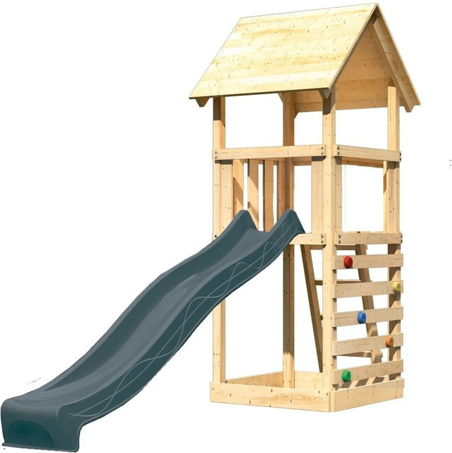 Karibu Spielturm Lotti aus Massivholz mit Rutsche und Kletterwand in Natur-Anthrazit, B/T/H: 291 x 107 x 107 cm - Bild 1