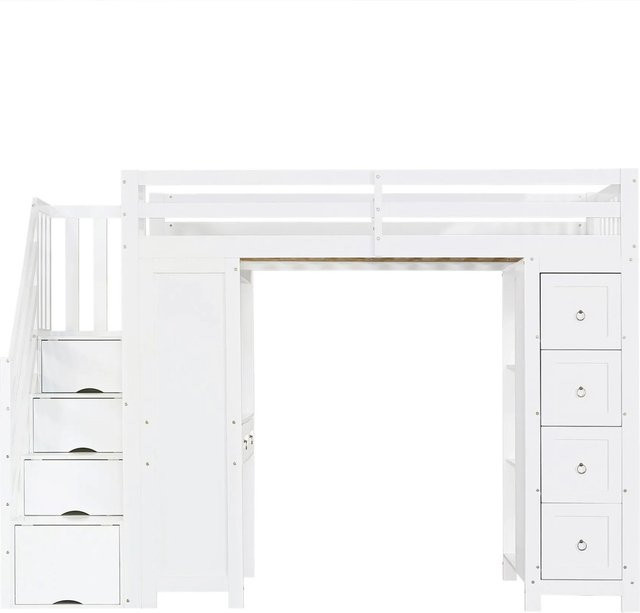 Merax Hochbett für Kinder mit Schreibtisch und Schubladen in Weiß, B/T/H: 200 x 90 x 175 cm - Bild 1