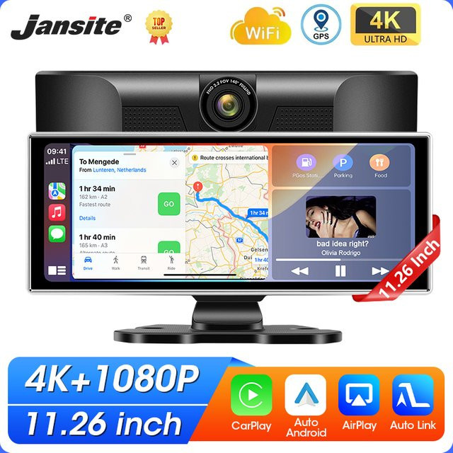 Jansite 4K Dash Cam mit 11,26 Zoll Display, Wireless Carplay & Android Auto, GPS Navigation und Dual Objektiv in Schwarz - Bild 1
