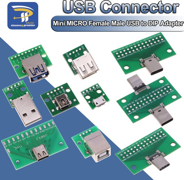 USB Konverter Adapter Breakout Board mit Micro Mini Typ-C, USB-A und USB-B Schnittstellen auf 2,54 mm DIP PCB, Farbe: Grün - Bild 1