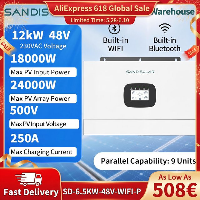 SANDISOLAR Hybrid-Solarwechselrichter 12kW 12000W mit 250A MPPT Solarladeregler, Reiner Sinus, 48V 230V 220V, Dual-Ausgang WiFi Parallel für Heimsysteme, Weiß - Bild 1