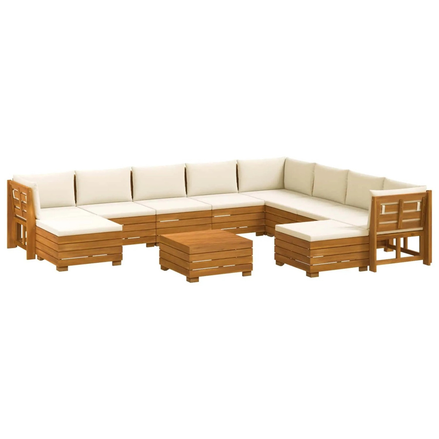 vidaXL Outdoor-Sofagarnitur aus Massivholz Akazie in Braun mit 11-teiligem Set und cremeweißen Polstern - Bild 2