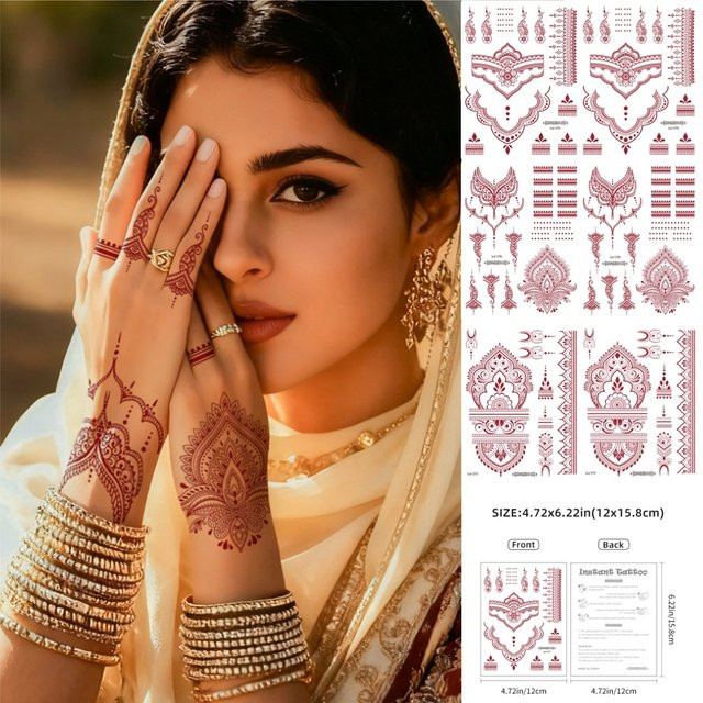 ROCOOART Henna-Tattoos, 6 Stück, Rot, Indien-Blume, Damen - Bild 1