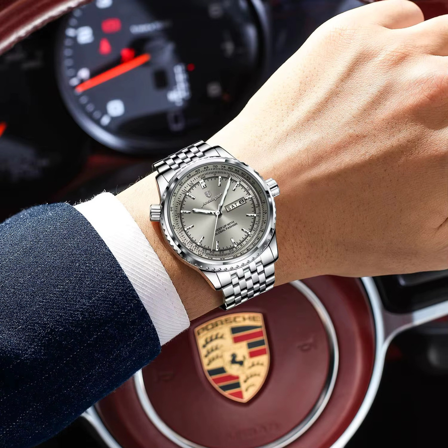 POEDAGAR Armbanduhr Quarz, Edelstahl, Silber, Datum, Wochentag, Herren - Bild 6