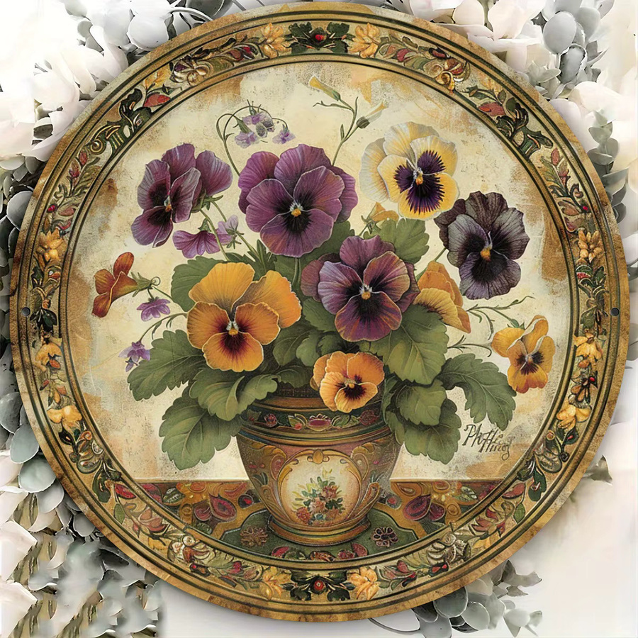 Potdemiel Stiefmütterchen Wandkunst im Vintage-Stil, rundes Metallschild mit floralem Blumenmuster, Mehrfarbig, Durchmesser: 20,3 cm - Bild 4