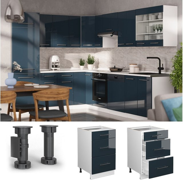 Vicco Küchenschrank Fame-Line Schubladenunterschrank in Dunkelblau Hochglanz mit Arbeitsplatte in Weiß-Marmor, Breite: 50 cm, Höhe: 82 cm, Tiefe: 40,5 cm - Bild 3