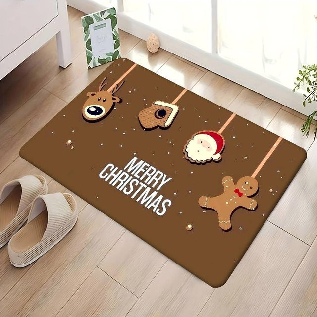 VIKAMA Weihnachts-Teppich mit Rentier, Schlitten und Lebkuchenmann Muster in Braun für Wohnzimmer und Eingangsbereich, B/T: 60 x 40 cm - Bild 1