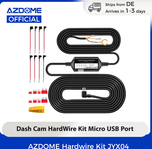 AZDOME JYX04 Auto-DVR Hardwire-Kit mit Niederspannungsschutz, Micro-USB-Anschluss und ACC-Stromkabel, Schwarz - Bild 1