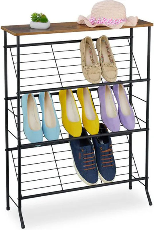 Relaxdays Schuhregal Industrial aus Metall und Holzwerkstoff für 9 Paar Schuhe, Schwarz/braun, H x B x T: 89,5 x 70 x 23,5 cm - Bild 1