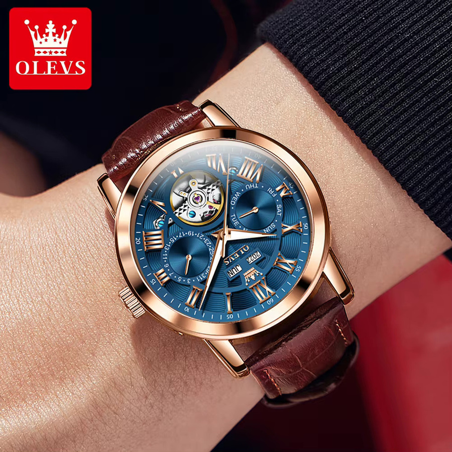 OLEVS Armbanduhr Automatik, Leder, Edelstahl, Bicolor, Herren - Bild 3