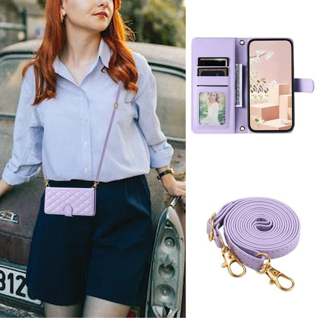 Leder-Brieftaschenhülle Flip Case für Samsung Galaxy A12 bis A55 mit Kartenfach und Lanyard in Purple - Bild 1