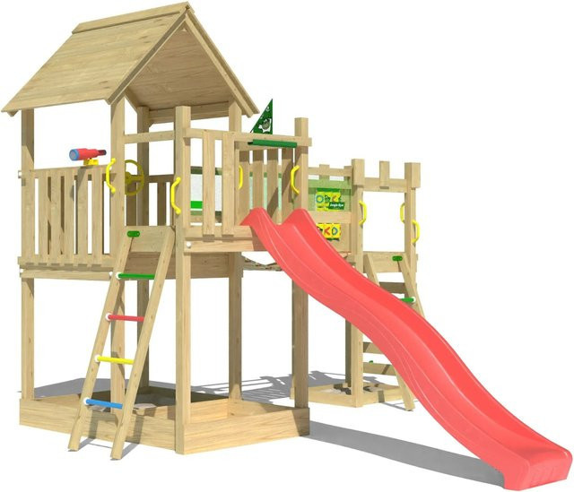 Jungle Gym Spielturm Lookout Holz Wackelbrücke Kletterrampe Rutsche Rot - Bild 1