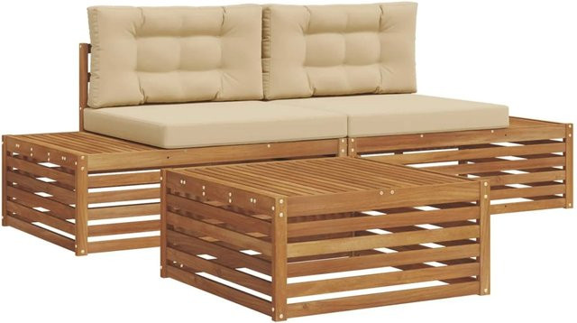 vidaXL Outdoor-Sofagarnitur aus Akazienholz mit Kissen, 7-teilig, Natur und Beige - Bild 1