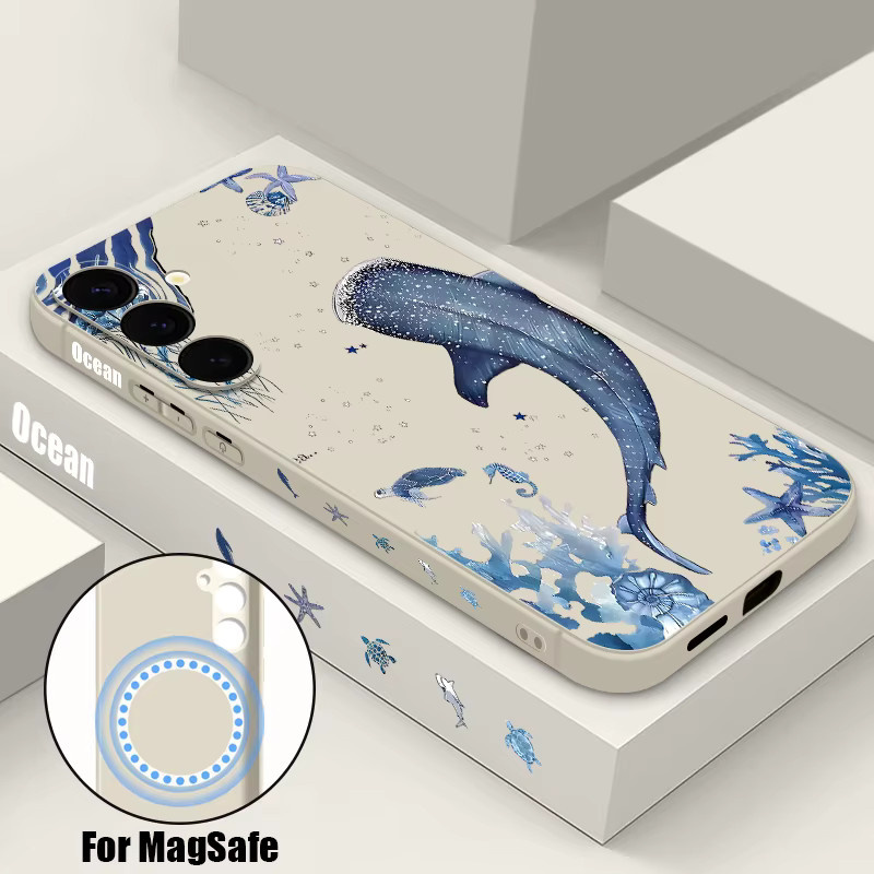 Magnetische Handyhülle mit Schildkröte und Wal Druck für Samsung Galaxy S25 S24 Ultra S23 S22 Plus S24 FE A56 A55 A16 A36 in Beige und Weiß aus weichem TPU - Bild 2