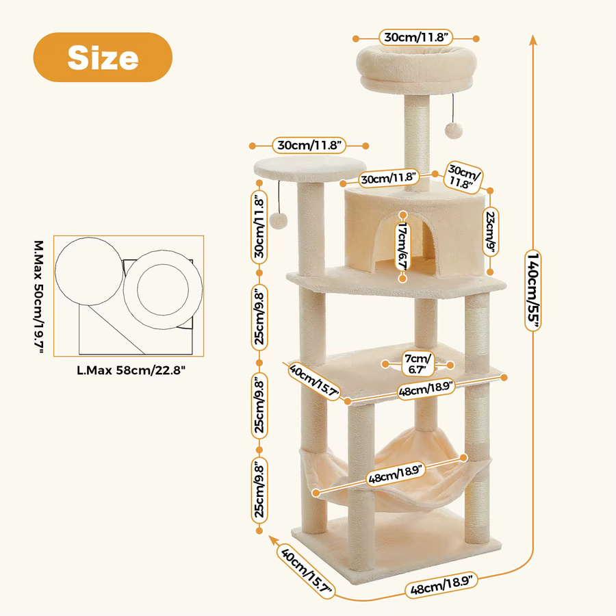Mehrstufiger Kratzbaum von PAWZ Road für Katzen mit Höhle, Hängematte und Sisal-Elementen, Höhe: 140 cm, Breite: 58 cm - Bild 2