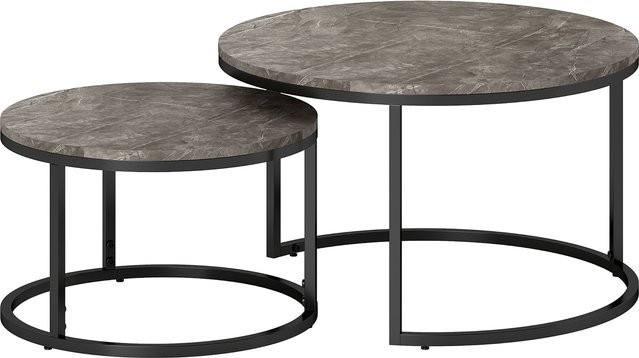 HOMCOM 2er Set Couchtisch rund mit Marmoroptik und Metallrahmen in Grau - Bild 1