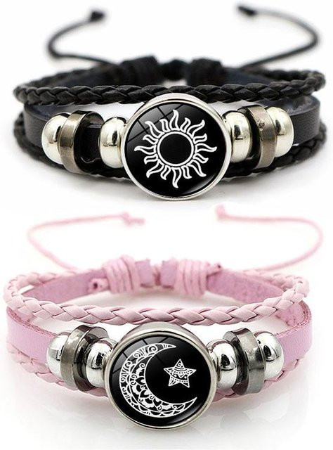 LuckyDay3 Partnerarmbänder, Sonne Mond, geflochten, Schwarz, PU-Leder, 22cm, Unisex - Bild 1