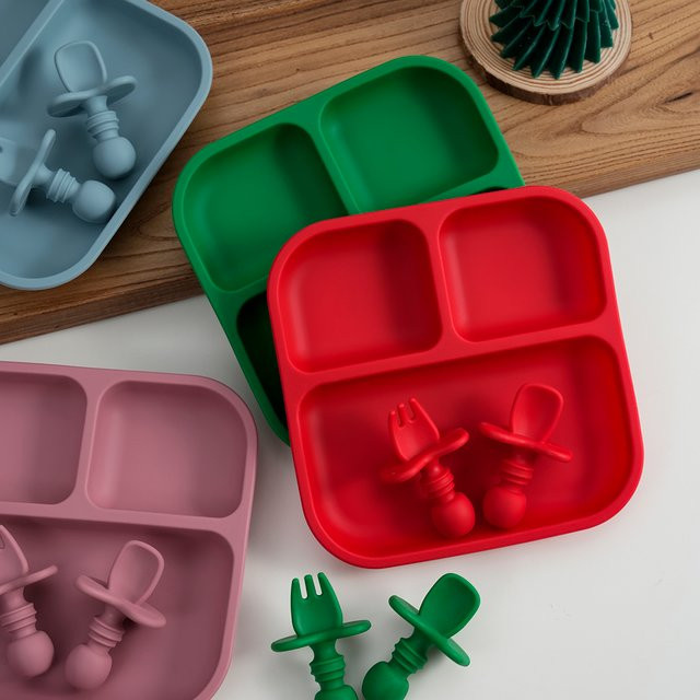 3-teiliges BPA-freies Silikon Baby Fütterungsset mit Saugnapf-Teller, Löffel und Gabel zur Entwöhnung für Kinder - Bild 1