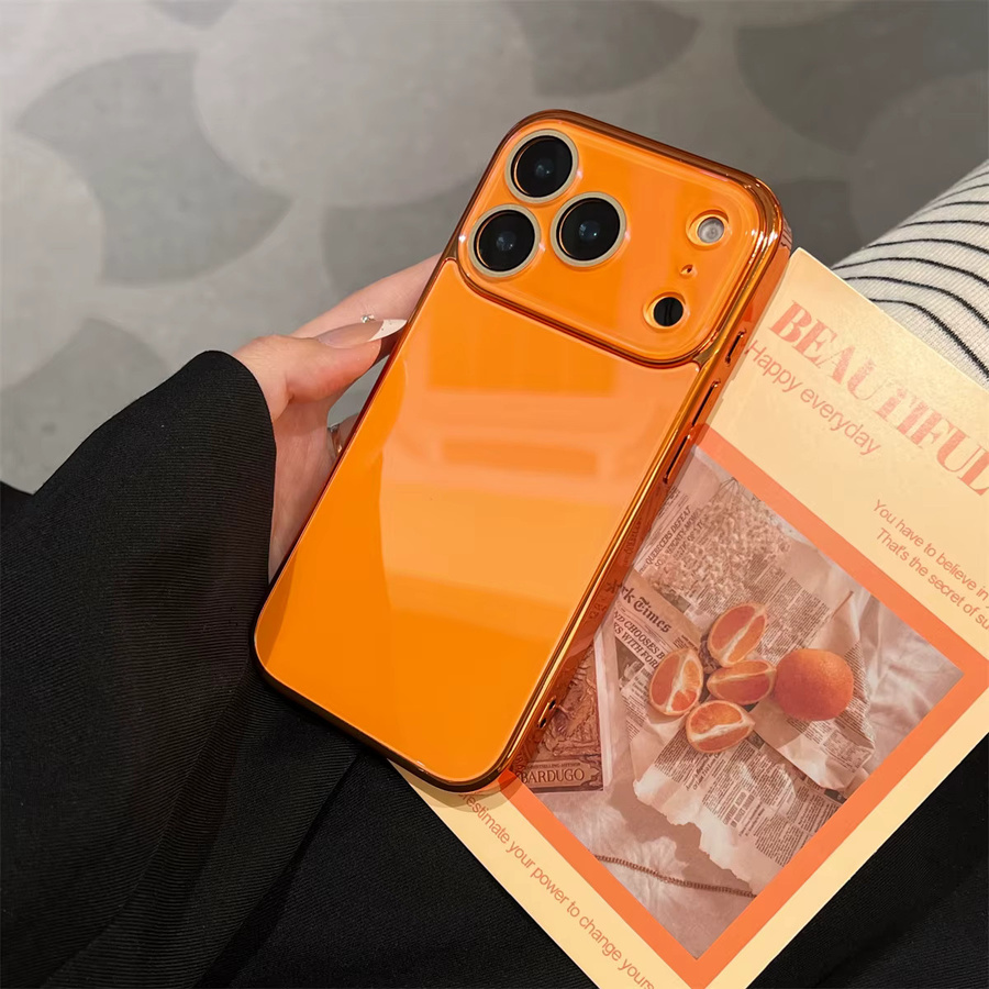 BeisFun Handyhülle aus gehärtetem Glas für iPhone 11 bis 17 Pro Max Plus mit Kristall-Linsenschutz und Stoßstange in Gold und Orange - Bild 1