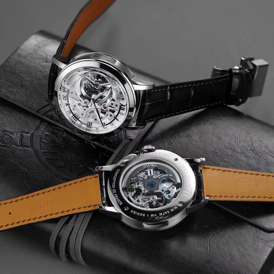 OBLVLO Automatikuhr, Skelett, Edelstahl, Kalbslederarmband, 45 mm, Herren - Bild 2