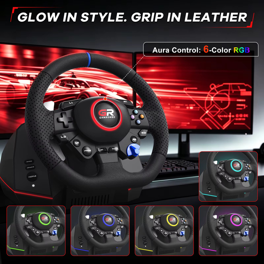 Bonacell Gaming-Lenkrad für PS5, PS4 und PC in Schwarz mit Leder, RGB-Beleuchtung und Hall-Effekt-Makro-Linearpedalen für Rennsimulationen (270° & 900°) - Bild 2