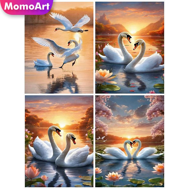 Momoart 5D Diamant Mosaik Set Schwan am Sonnenuntergang mit bunten Strasssteinen, Stickerei Kit für Erwachsene, Breite: 40,0 cm, Höhe: 30,0 cm - Bild 1