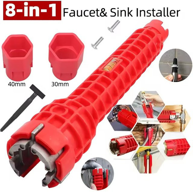 Ninth World Spülbeckenschlüssel 8-in-1 Reparaturwerkzeug in Rot für Küchen- und Badezimmerarmaturen sowie Sanitärinstallationen - Bild 1