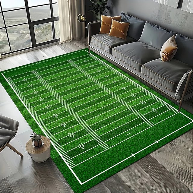 Rutschfester American Football Feldteppich in Grün mit Gras-Design für Wohnzimmer und Schlafzimmer - Bild 1