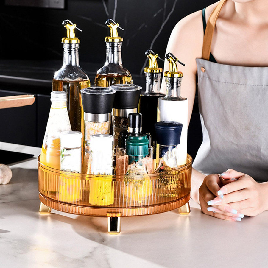 KONNWEI Aufbewahrungs-Drehteller 360 Grad drehbar, rutschfestes Organizer-Tablett für Schreibtisch, Kosmetik oder Gewürze in Gold Bernstein - Bild 3