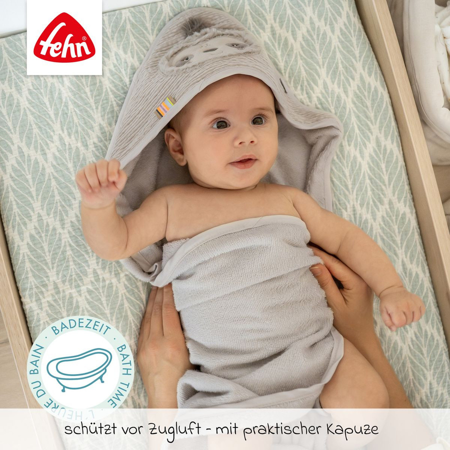Fehn 2-tlg. Bade-Set für Babys mit Kapuzenbadetuch und Waschhandschuh, Grau, Faultier-Motiv, aus Baumwoll-Terry - Bild 2
