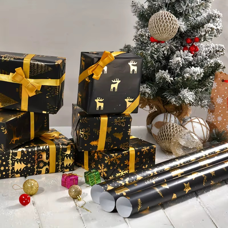6er-Pack Weihnachts-Geschenkpapier in Schwarz und Gold mit Rentier- und Schneeflocken-Design aus glänzender Folie - Bild 2