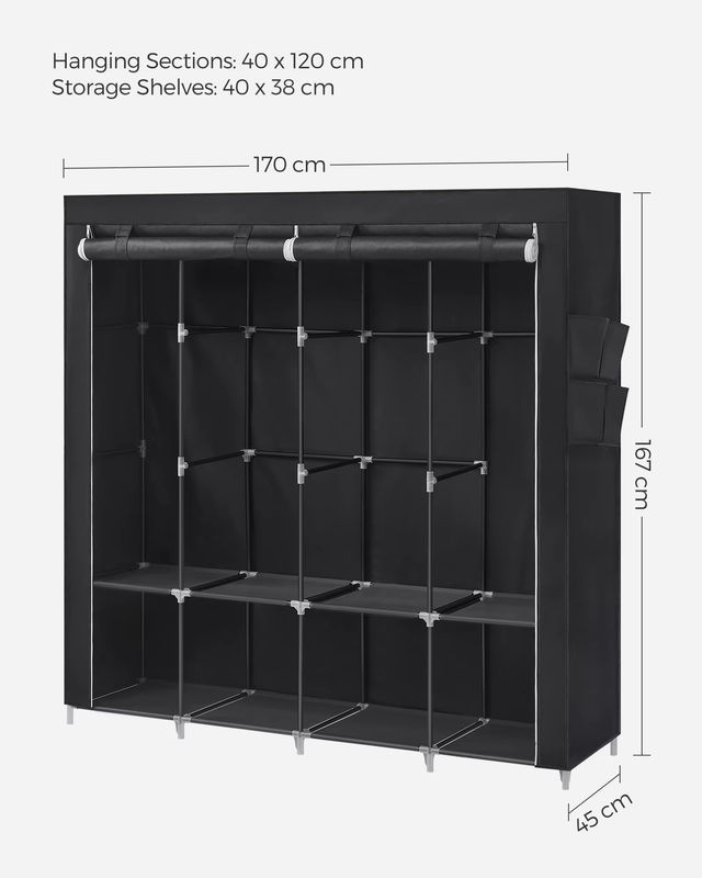 SONGMICS Stoffschrank Kleiderschrank in Anthrazit und Schwarz mit 4 Hängefächern, Ablagen und 4 Seitentaschen im minimalistischen Design - Bild 3