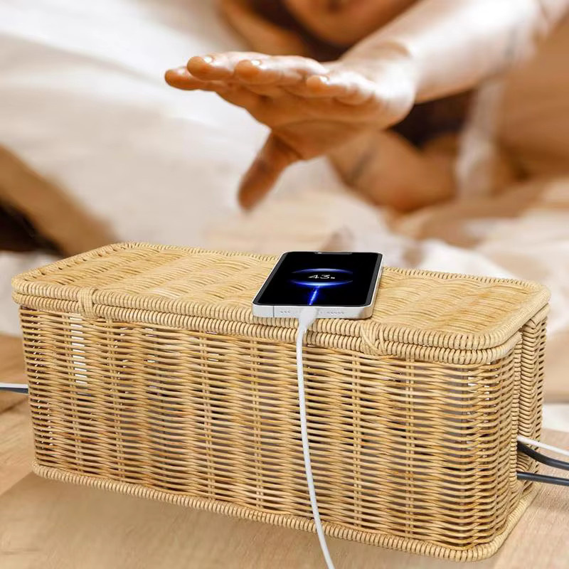 Rattan Kabelmanagement-Box mit offenen Schlitzen in Gelb zur Organisation deiner Kabel und Power Boards - Bild 2