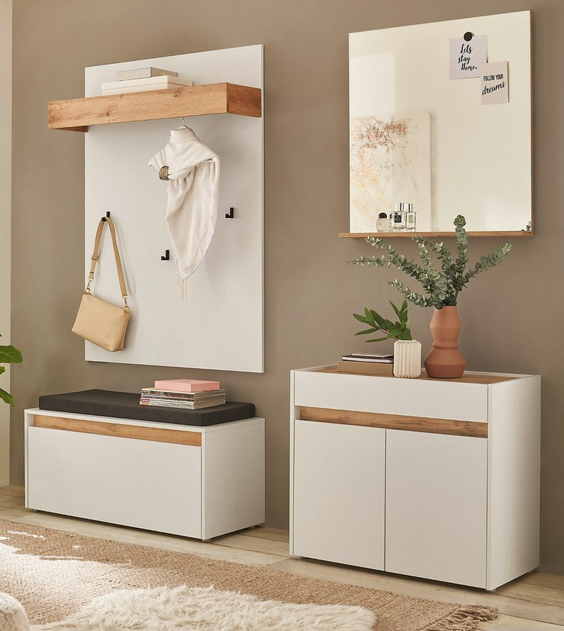 Furn.Design Garderoben-Set Center, 5-teilige Garderobenkombination in Weiß und Wotan Eiche mit Spiegel, Breite: 190 cm - Bild 1