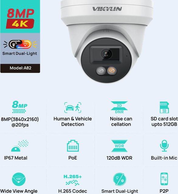 VIKYLIN 8MP 4K IP-Sicherheitskamera in Weiß mit intelligenter Dual-Light-Audiotechnik, Personen- und Fahrzeugerkennung, SD-Speicher, ONVIF und PoE, IP67 Schutzklasse - Bild 1