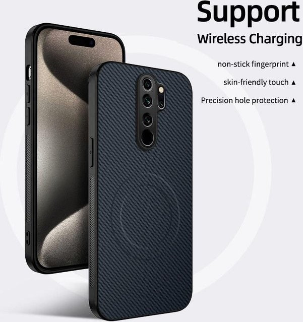 Xiaomi Redmi Note 8 Pro Schutzhülle mit Karbonfaser-Lederstruktur, Magsafe-Kompatibilität und Saphir-Linsenschutz in Schwarz oder Blau - Bild 1