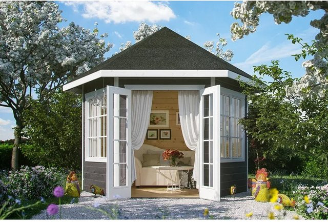 Skan Holz Gartenhaus Almelo aus Fichten-Blockbohlen in Schiefergrau B/H/T: 420 x 354 x 303 cm - Bild 1
