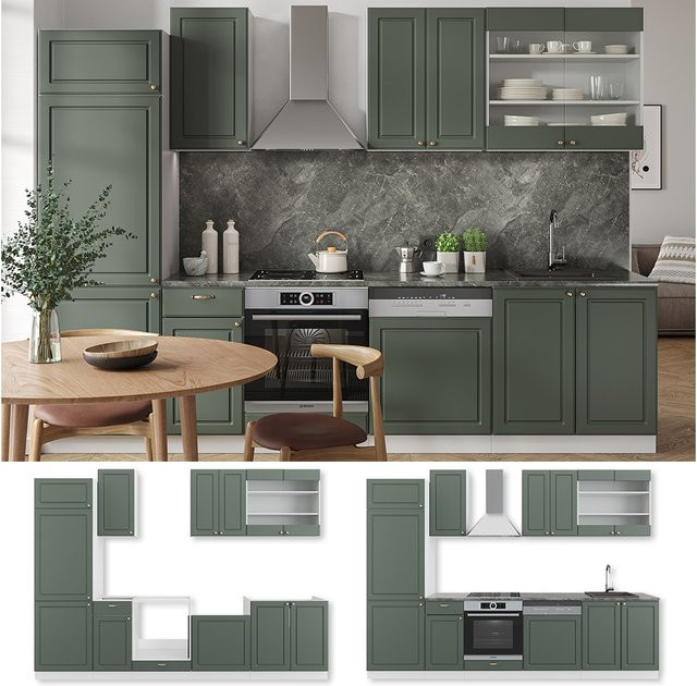 Vicco Küchenzeile Fame-Line Einbauküche im Landhausstil, Weiß Grün Gold, Breite: 300 cm - Bild 1