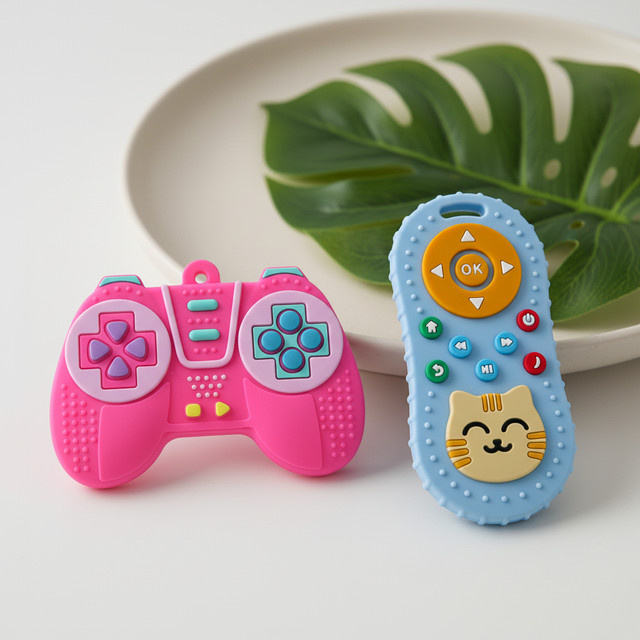 2er-Pack Realistische Knopf-Beißringe aus Silikon für Babys ab 0 Jahren, Sensorisches Beißspielzeug zur Linderung von Zahnfleischbeschwerden, Farben: Rosa, Blau und Bunt - Bild 1