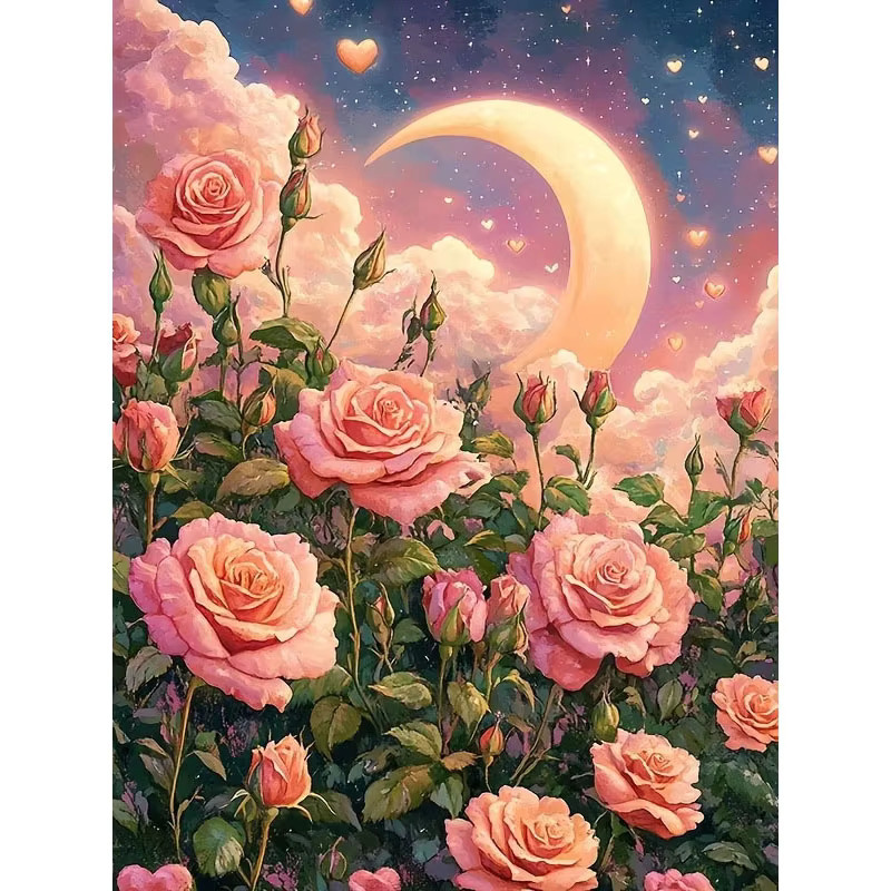 HUACAN Diamantmalerei Set Rosenblüte und Mondlandschaft als Kunst-Mosaik Wanddekoration, Mehrfarbig, B: 30,0 cm, H: 20,0 cm - Bild 3