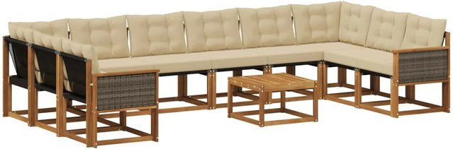 vidaXL Outdoor-Sofagarnitur L-Form aus Massivholz Akazie mit Textilene Stoff und Kissen, Natur-Beige - Bild 1