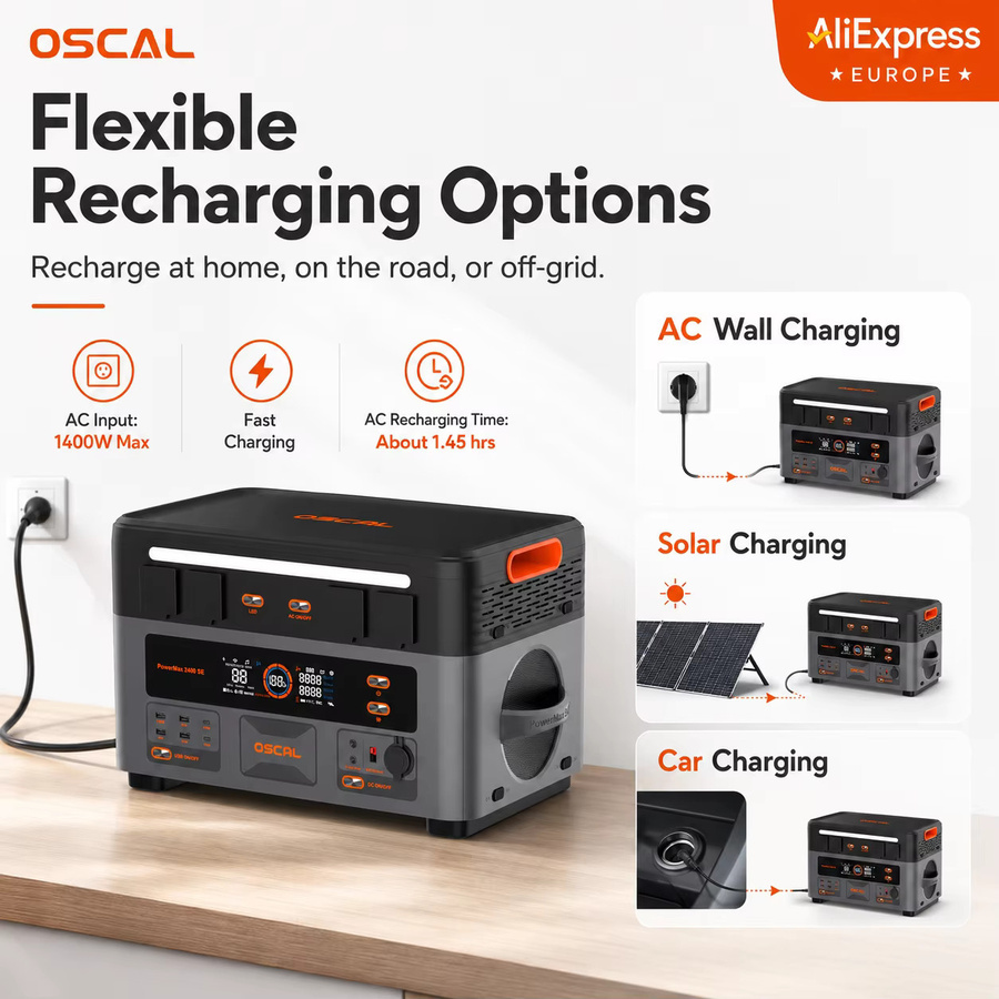 Tragbare Powerstation OSCAL PowerMax2400-SE in Schwarz mit 2400W, 2016Wh LiFePO4 Akku, Solargenerator mit USV-Funktion, Schnellladung und WLAN-App-Steuerung für Camping und Notstromversorgung - Bild 4