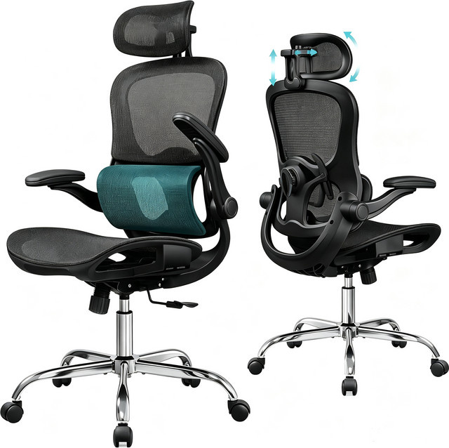 Ergonomischer Bürostuhl WLIVE in Schwarz mit segmentierter Rückenlehne, verstellbarer Kopfstütze, Lendenwirbelstütze und 4D-Armlehnen für Home-Office und Büro, belastbar bis 180 kg - Bild 1