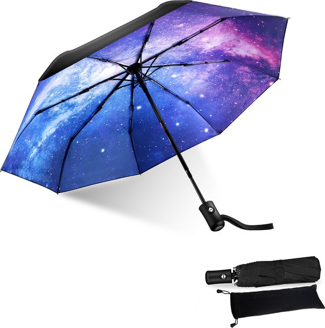 Automatischer 8-Rippen-Regenschirm von JENABOM mit Sternenhimmel-Design in Schwarz und Multicolour, winddicht und faltbar mit UV-Schutz-Beschichtung - Bild 1