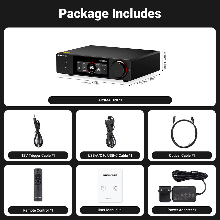 AIYIMA D20 HiFi DAC Decoder mit AK4493SEQ und ES9039Q2M, Bluetooth 5.1 LDAC, USB DSD512, RCA und XLR Audio-Konverter mit VU-Meter, Schwarz - Bild 5