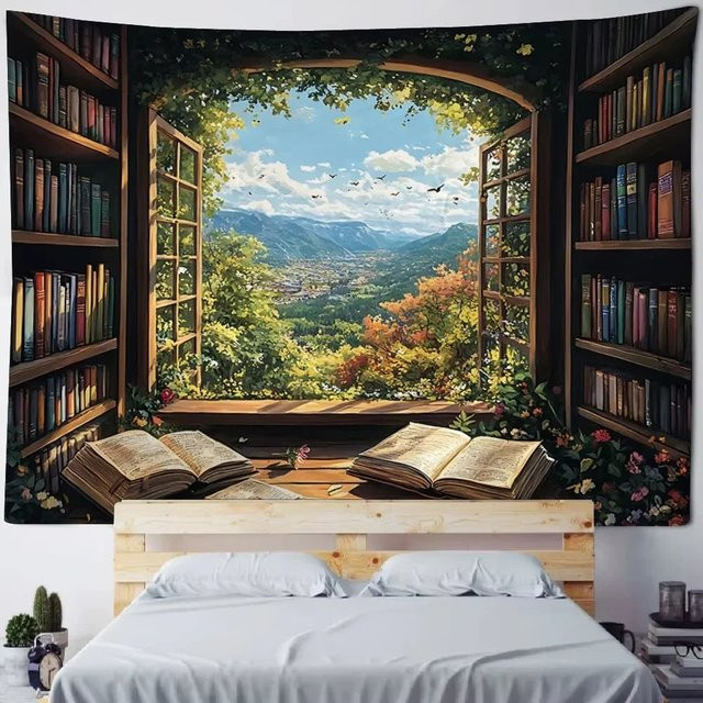VIKAMA Wandteppich Verträumte Fensteransicht Landschaft Wanddekoration Mehrfarbig B: 60 cm, H: 40 cm - Bild 1