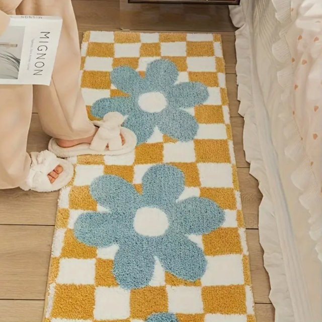 VIKAMA Fresh Check Blumenteppich in Multicolour, weicher und rutschfester Teppich mit floralem Design für Schlafzimmer und Flur, Rechteckig - Bild 1