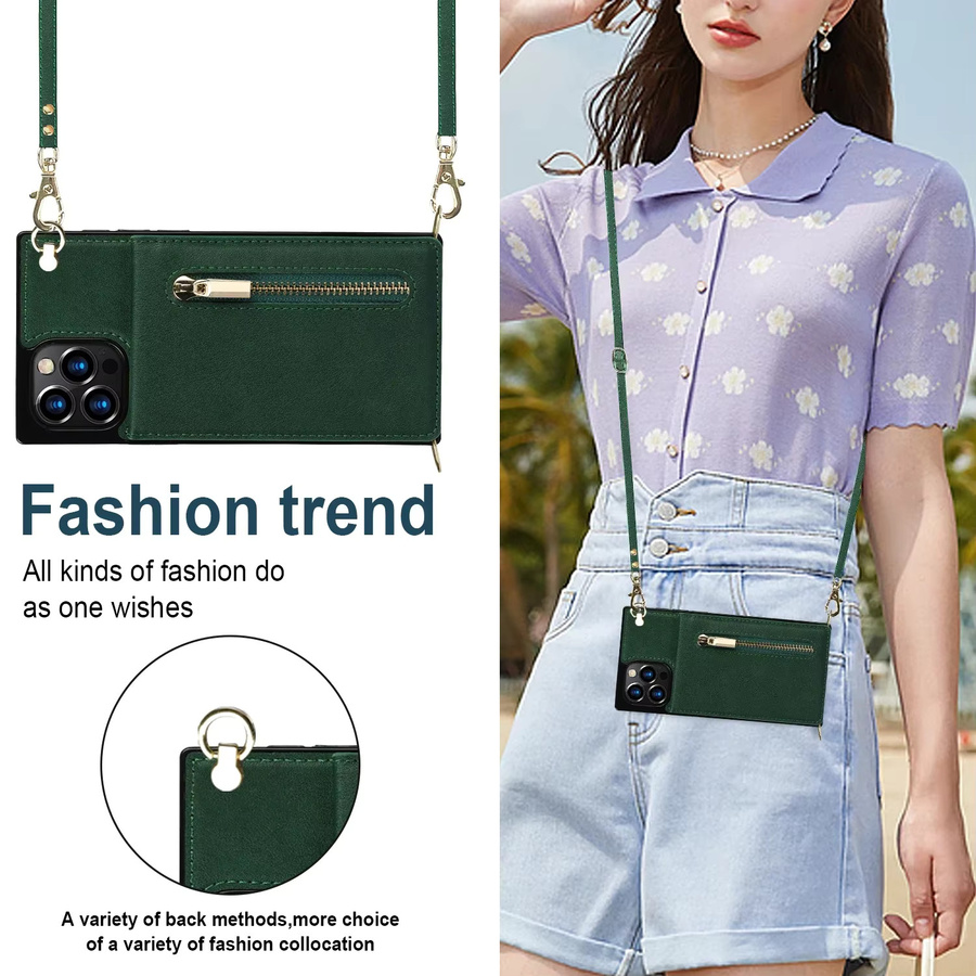 szHAIyu Umhängetasche aus Leder mit Kartenhalter und Lanyard für iPhone 11 bis iPhone 16 Plus in Schwarz und Grün - Bild 3